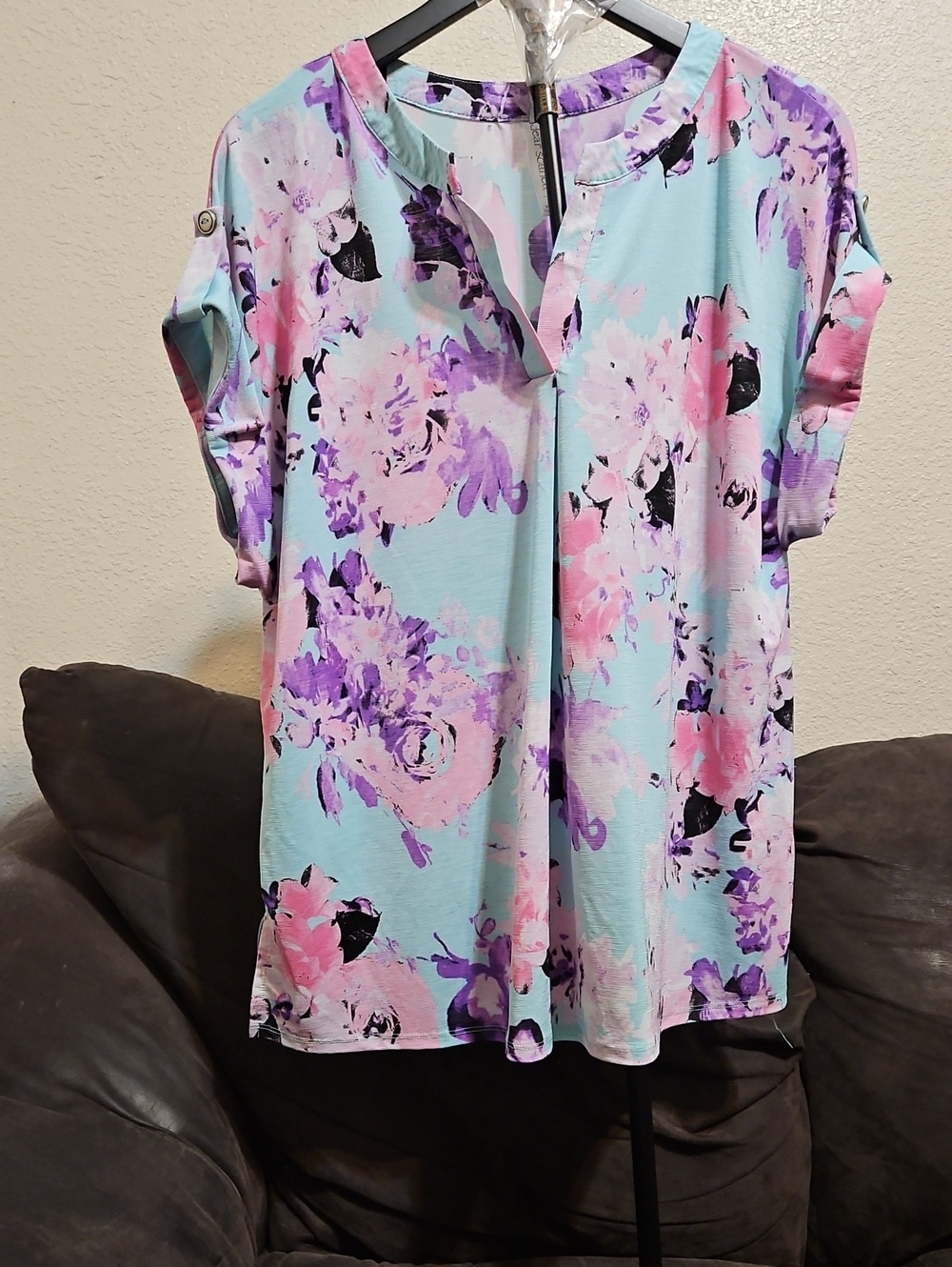Light Blue Floral Split-Neck Blouse with Pink and Purple Blooms